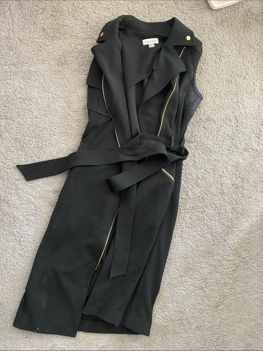 Calvin Klein Black Sleeveless Belted Midi Trench Dress with Gold Accents